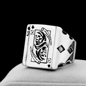 Male Geometric Print Skull Motif Square Stainless Steel Ring - Gothic Domineering Poker Card Design, Elegant Glittering Jewelry Ring, Party Accessory, Halloween Holiday Gift, Elegant Glittering Ring