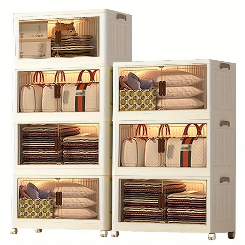 70cm Space-Saving Stackable Storage Box with Wheels  Folding Storage Cabinet with Covered Wheels  Organize Clothes, Snacks, Toys, Books & More  Open Front Door Design Kitchen Utensils