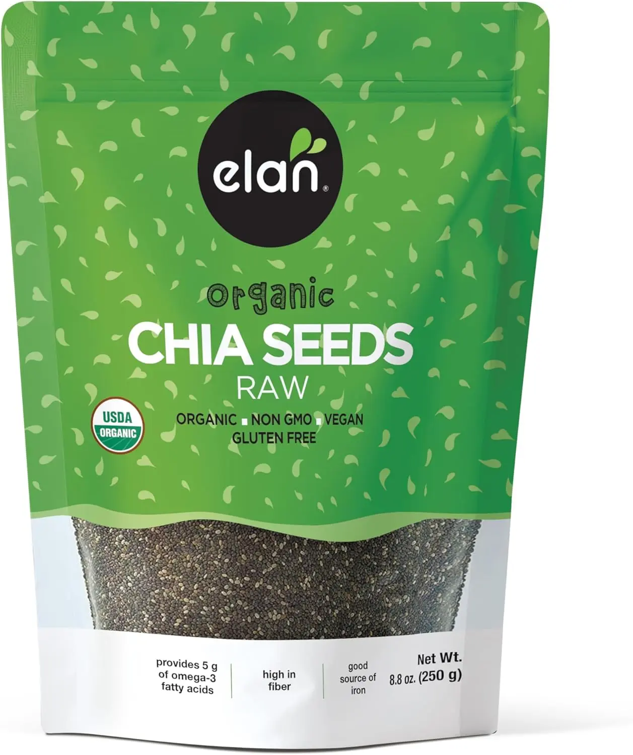 Elan Certified Org. Organic Raw Black Chia Seeds Healthy Snacks, 8.8 oz (250g) - Natural High-Fiber Plant-Based Superfood for Fullness, Mild Nutty Flavor, Non-GMO, Vegan, Gluten-Free, Kosher, Easily Gelling, Smoothie Thickener