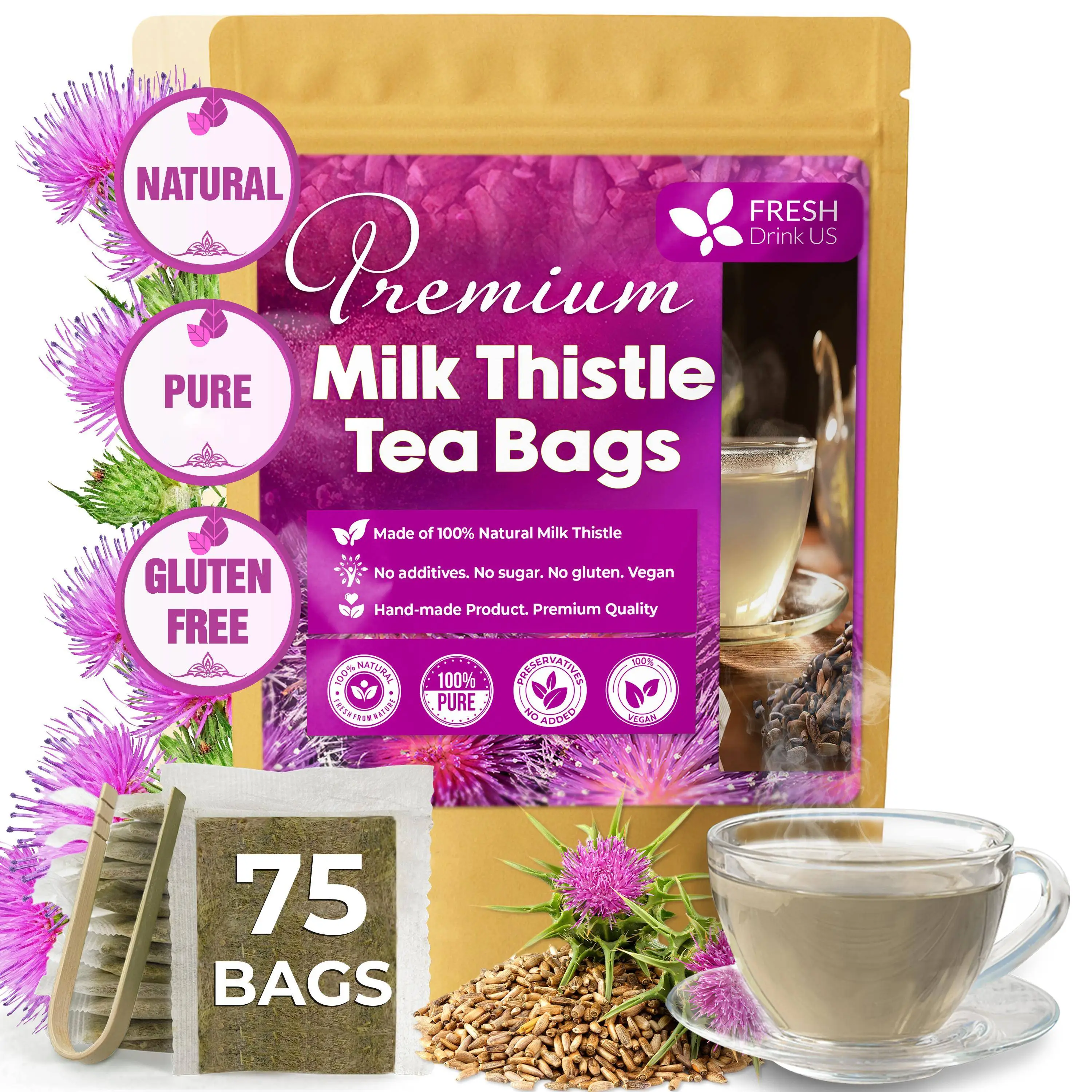 Premium 75 Milk Thistle Tea Bags, 100% Natural & Pure from Milk Thistle Seeds. Milk Thistle Seed Herbal Tea. Milk Thistle Seed Tea. Made with Natural