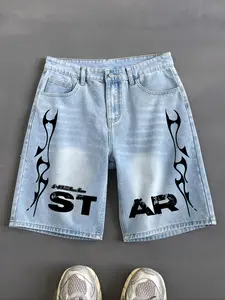 Men's Letter & Star Print Light Wash Denim Shorts, Casual Street Comfy Loose Fit Shorts for Summer, Fashion Men's Bottoms for Daily Wear