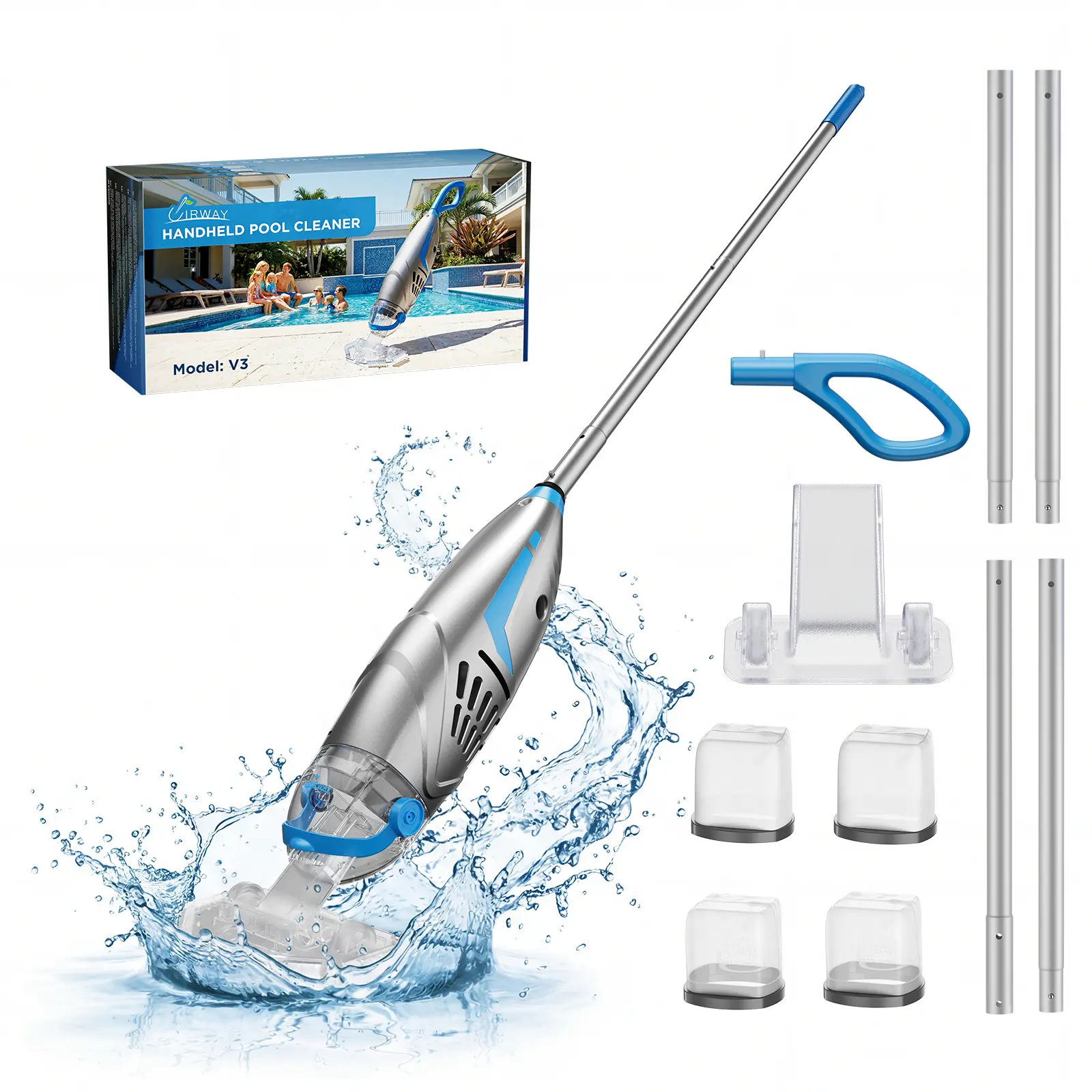UIRWAY V3 Cordless Pool Vacuum for Above Ground Pools, Upgraded 26.5 GPM Powerful Suction, IPX8 Handheld Rechargeable Cleaner 2 Vacuum Heads & 4 Filter Bags, 1H Runtime, Portable for Inground Pools