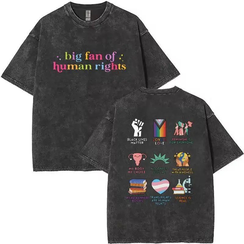 Women's Solid Round Neck Short-Sleeve Washed Cotton Human Rights Top Hoodie Sweatshirt, Shortsleeve, Fadesafe Graphics