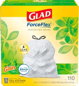 Glad Force Flex Tall Kitchen Drawstring Trash Bags, 13 Gal, Gain Original with Febreze, 110 Ct Pack Plastic