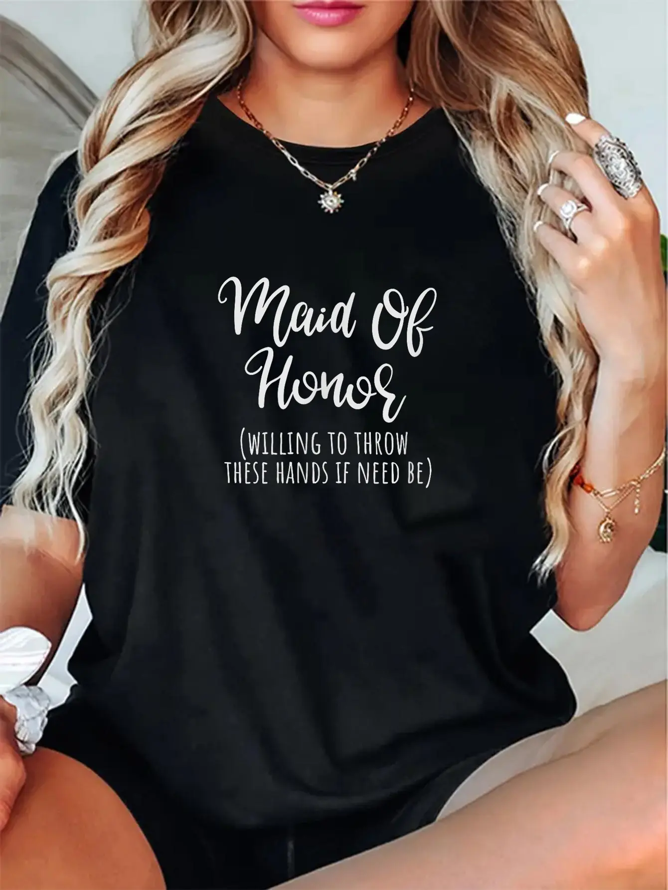 Women's Funny Maid of Honor Graphic T-Shirt - 100% Cotton Short Sleeve Vintage Round Neck Top, Wide Range of Sizes (Small to XX-Large), for Bachelorette Gifts or Everyday Casual Wear