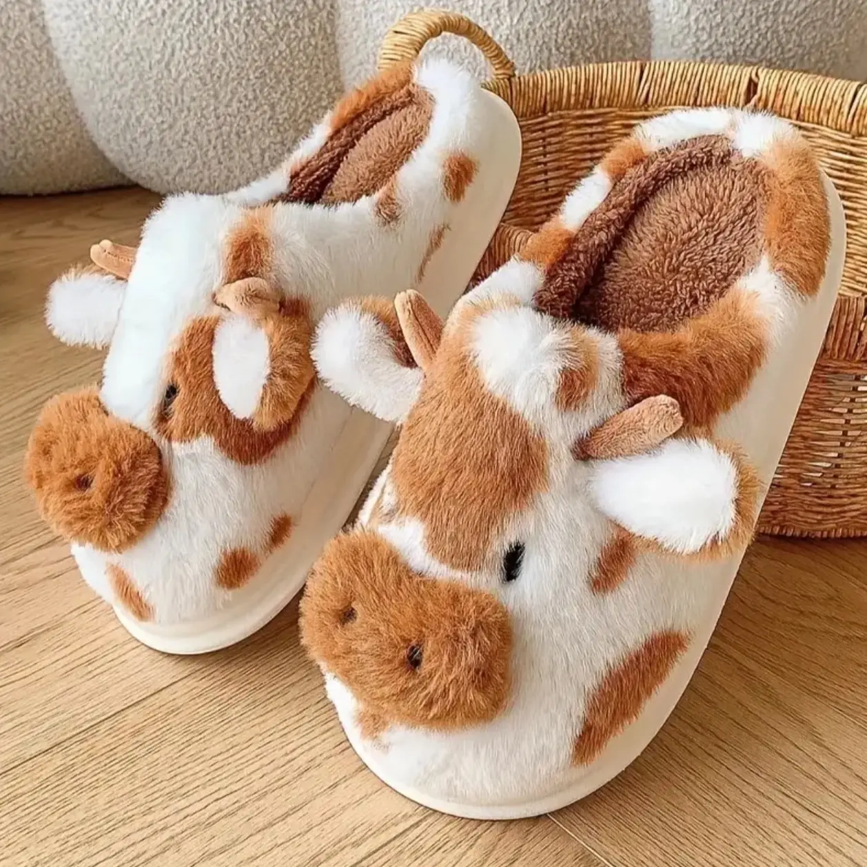 Women's Fuzzy Cow Slippers - Soft and Cozy Flipflops - Girl Slide Footwear