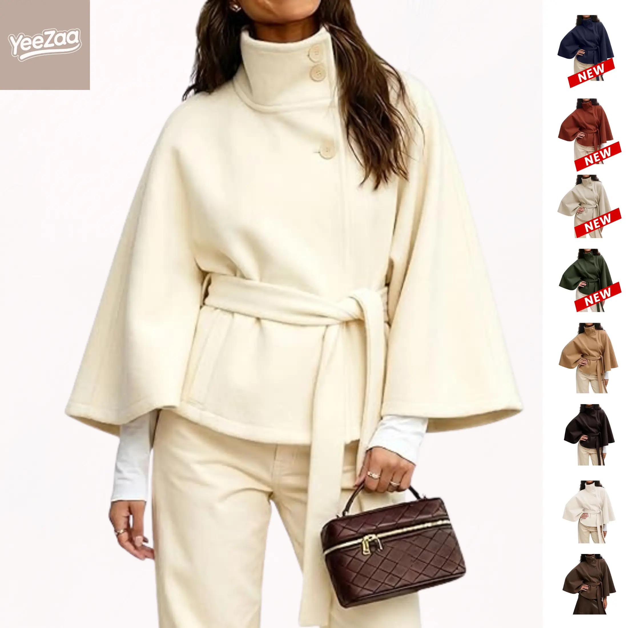 YeeZaa Poncho Pea Coat for Women Black Friday Wool Blend Oversized Belted 2026 Fashion Fall Winter Elegant Stand Collar Cropped Cape Jacket Batwing Sleeve Trendy Casual  Outerwear Overcoat