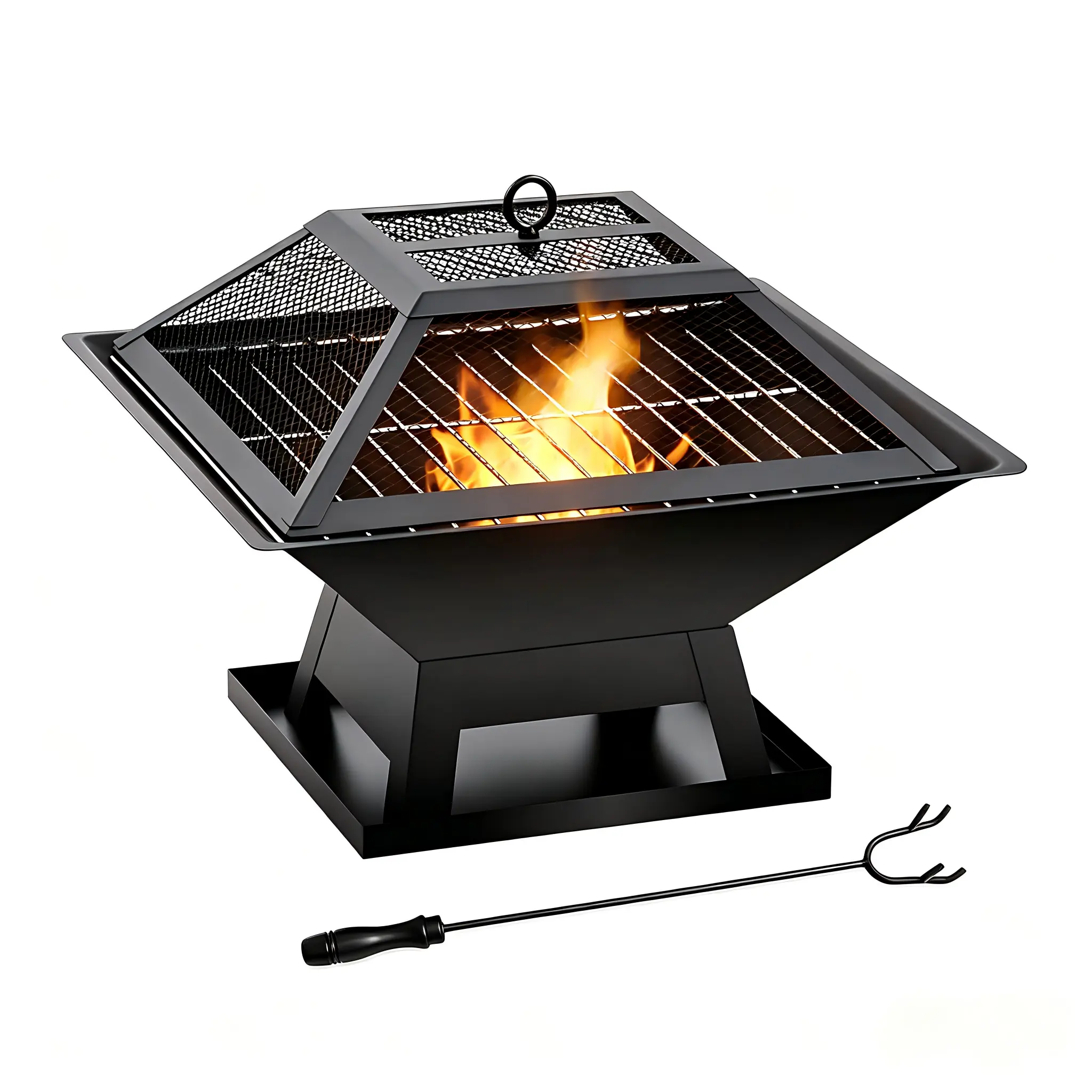 3-in-1 square fire pit with BBQ Grill & Spark Screen - Wood Burning Outdoor Fire Pit - Complete Fire Pit Set for Backyard