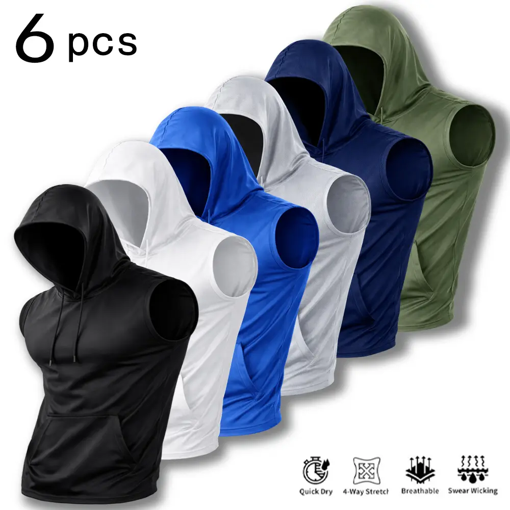 6-Pack men's sleeveless quick-drying ice-feeling hooded vest T-shirt, suitable for sports running and other scenes, large pocket design, Athletic Outdoor Vests, Outdoor Sports Vest
