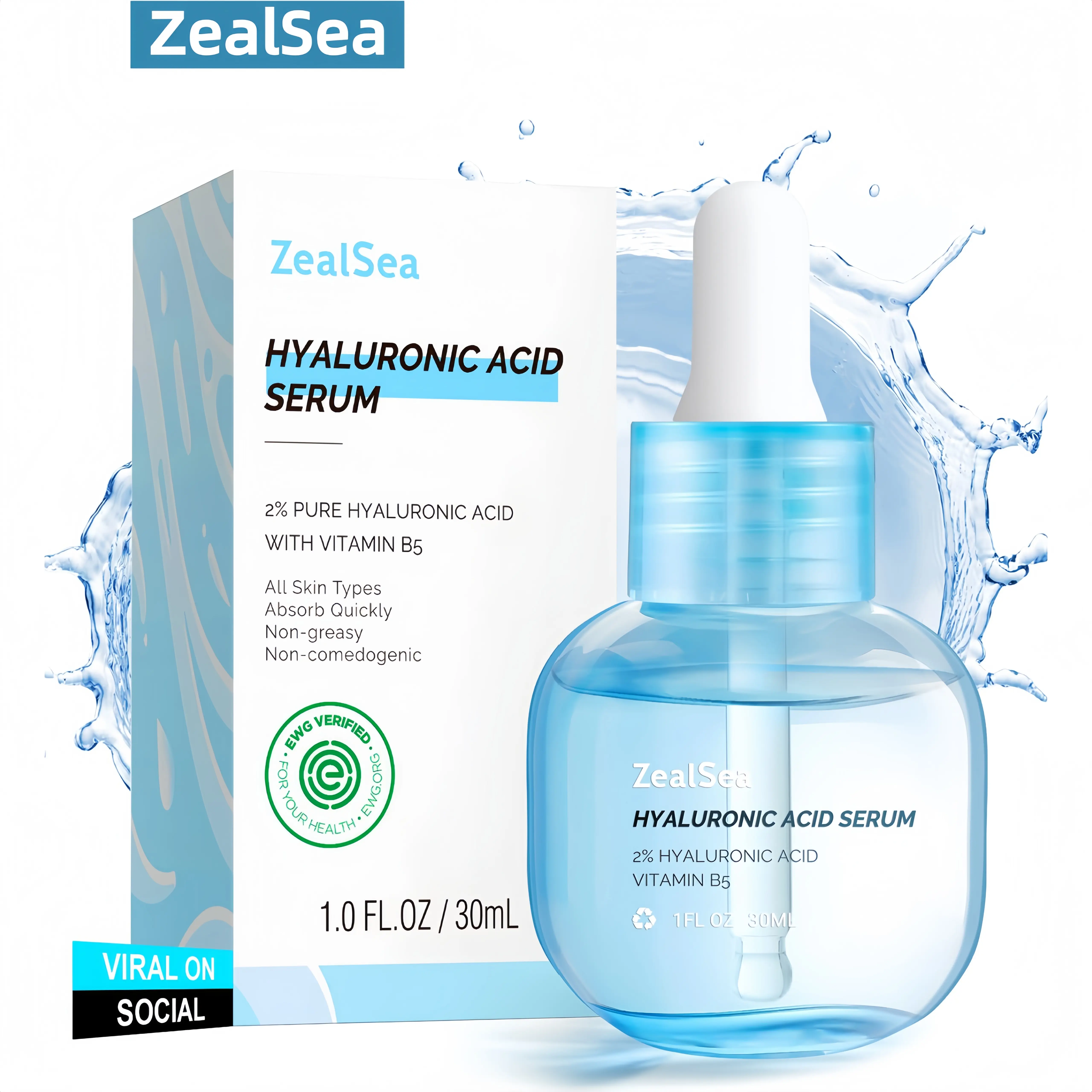 ZealSea EWG 2% Pure Hyaluronic Acid With Vitamin B5-1oz (30ml) Deep Hydrating Face Serum for Microneedling & Daily Application, Dewy Glow & Plump Skin, Lightweight Clean Beauty, Fragrance-Free, Non-Comedogenic, Vegan, Sensitive Skin Friendly