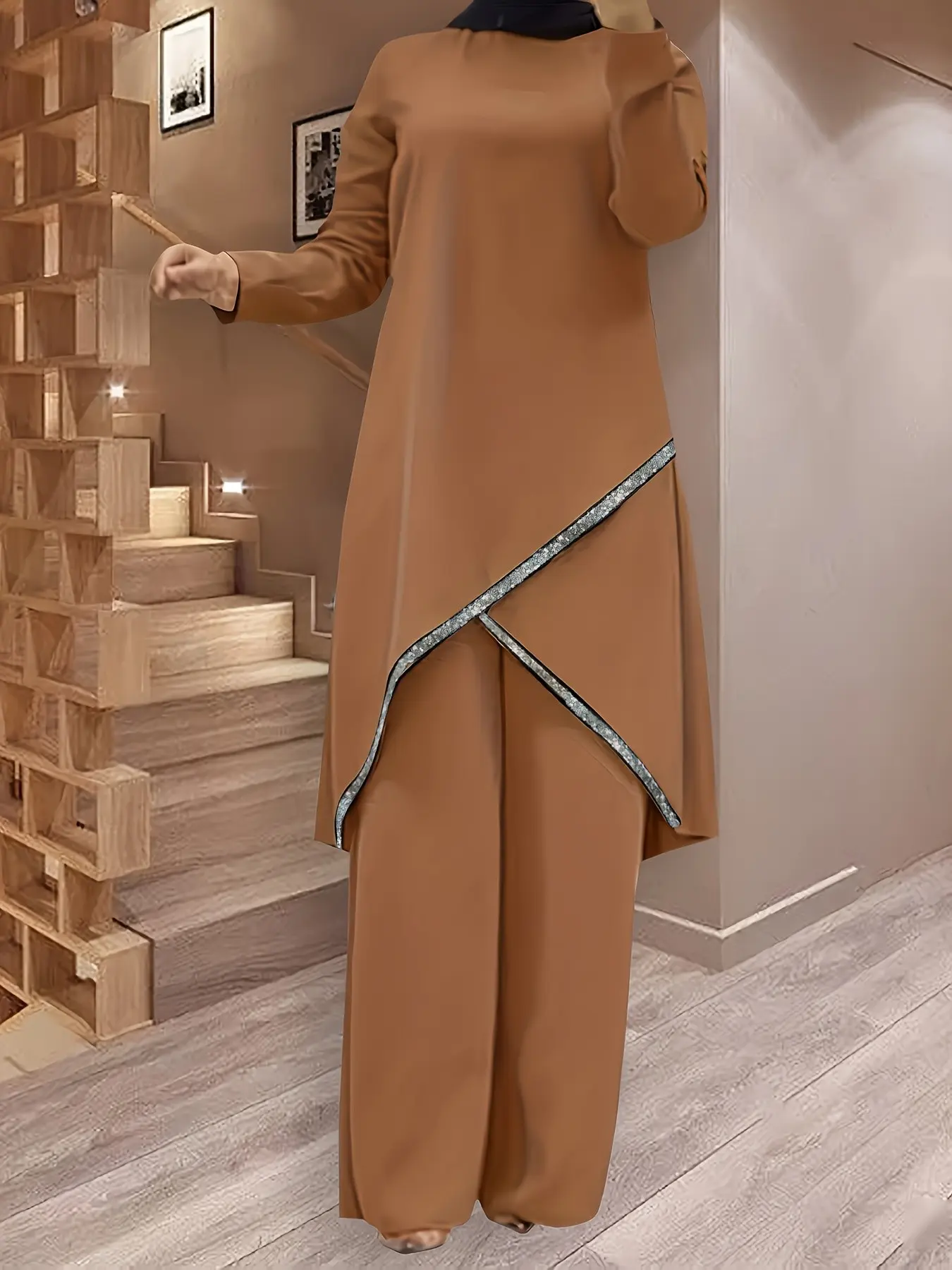 Women's Elegant Loose-Fitting Maxi Two-Piece Set, Abaya Set, Fashion Muslim Set, Round Neck Long Sleeve Top & Solid Color Pants, Fashionable Ethnic Style Set Outfit