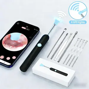 Ear Wax Removal Kit with 1080P Camera & 6 LED Lights for iPhone iPad & Android Ear Cleaner Tool Black Rechargeable Wax Remover with Dual Ear Spoon Set