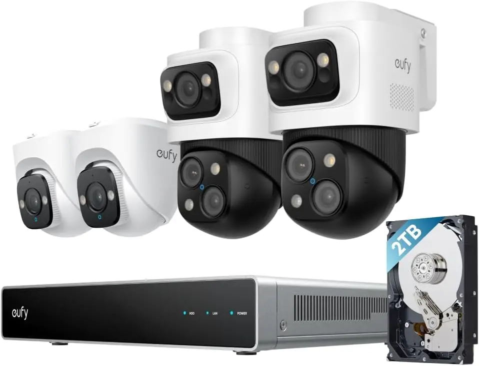 eufy PoE NVR Security System S4, 2 Bullet-PTZ Cams, 2 Turret Cams, 360° PTZ, AI Auto Framing & Tracking, Smart Video Search, Color Night Vision, Red & Blue Strobe, Plug & Play, 24/7 Recording, 2TB HDD