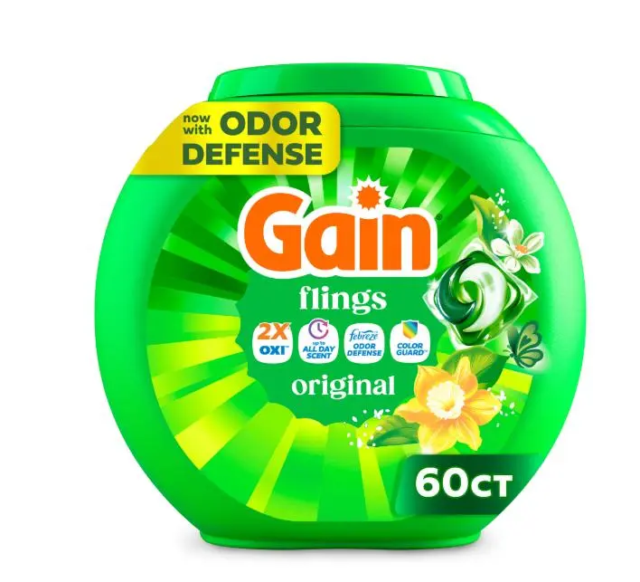 Gain Flings Laundry Detergent Soap Pacs, 4-in-1 Oxi Boost and Febreze, Original Scent, 60 Count