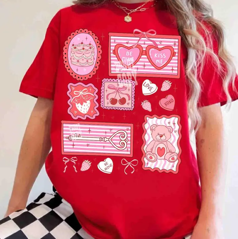 Pink Valentine Coquette Heart Tshirt, Be Mine Tshirt, Kiss Me Tshirt, XOXO Tshirt, Sweet Cherry Love Tshirt, Happy Valentine Day Tshirt, Trendy Valentine Tshirt