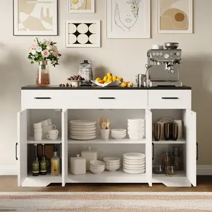 Gaomon 55 inch Wood Grain White Sturdy Buffet Cabinet - Double Translucent Doors, Drawers with Metal Handles, Adjustable Shelves, Drawer Organization - Large Storage Sideboard for Kitchen, Dining Room