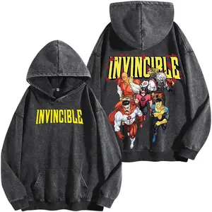 Invincible Retro Acid Wash Hoodie, Superhero Graphic Tee, Oversized Animated Series Streetwear Shirt, Unisex Comic Fan Apparel