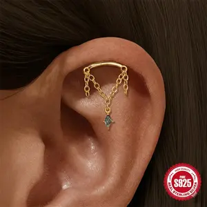 925 Silver Moss Agate Dangle Helix Chain Earrings. Threaded Flat Back Chain Drop Stud Earrings. Cartilage/Tragus/Helix/Rook Earrings