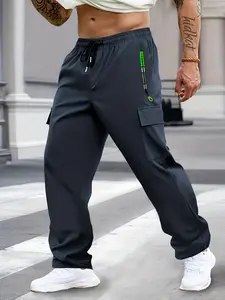 Men’s summer lightweight cargo pants, straight cut, multiple pockets, drawstring, casual athletic long pants