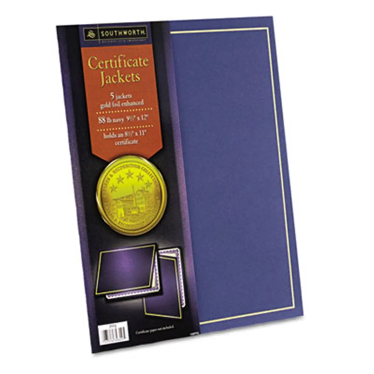 Southworth PF6 Series Wall Hanging Certificate Holder - 12 in W, 9.5 in H, 80-lb Linen Covers, Navy w/ Gold Border, Curved Edge, Die-Cut Corners, Landscape or Portrait Presentation - 5/Pack