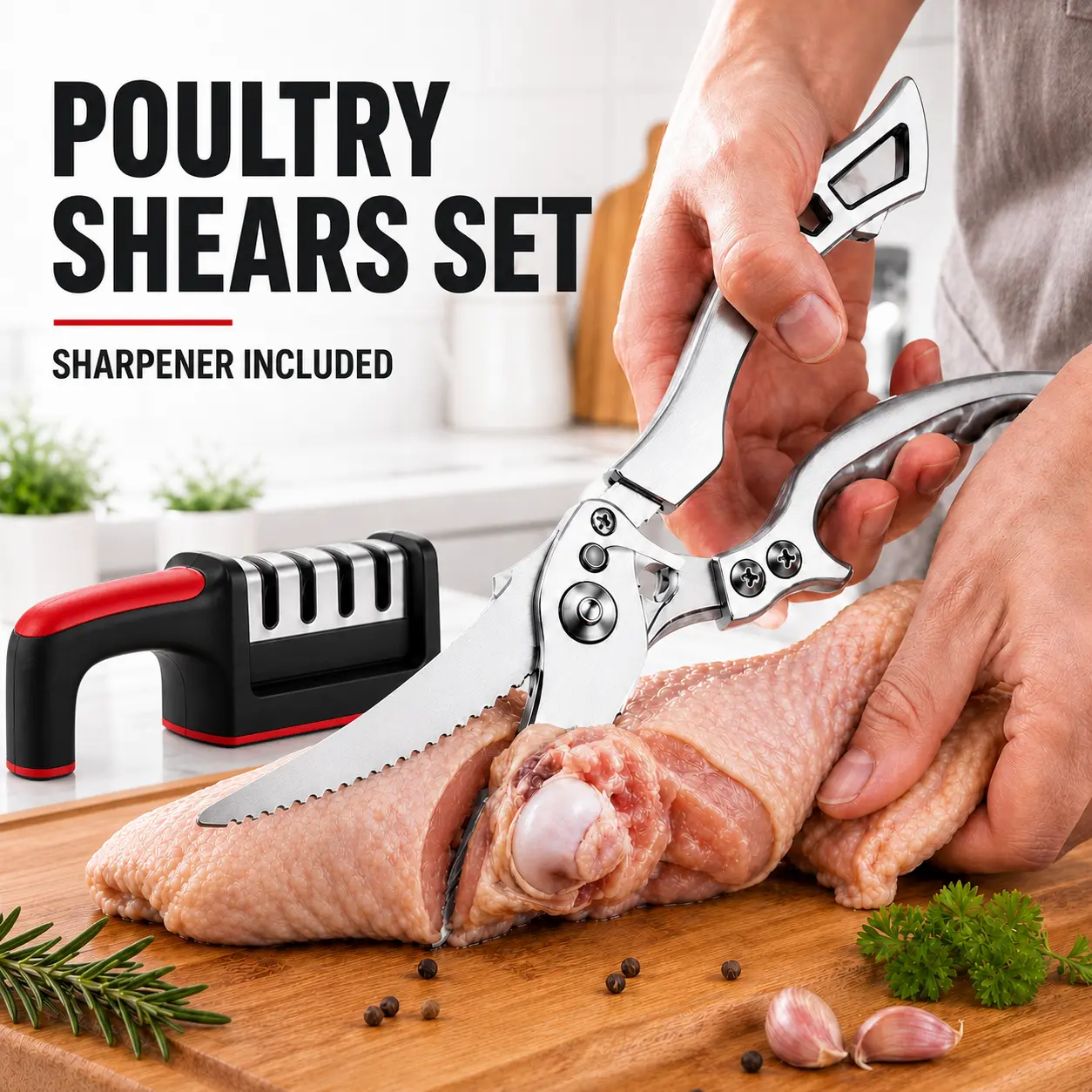 【 With Professional Sharpening Tool 】Heavy-Duty 304 Stainless Steel Poultry Shears Set with Sharpener, Safety Lock and Ergonomic Non-Slip Handle, Multipurpose Kitchen Scissors for Chicken, Turkey, Meat, Fish and Vegetables