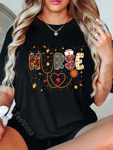 100% Cotton Unisex Nursing Thanksgiving Day Stethoscope Fall Nurse Costume T-Shirt Graphic Casual Round Neck Tee