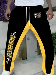 Men's Black and Yellow Track Pants with Lucky Star Design Comfortable Casual Joggers for Everyday Wear Stylish Streetwear Fashion Sweat Pant Print Trendy Sweatpants with Side Pockets Perfect for Home Outdoor Activities and Sports