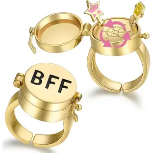 2 Pcs Gold Color Spinner BFF Matching Rings Best Friend Open Rotate Ring Forever Friendship Cute Cartoon Anime Jewelry
