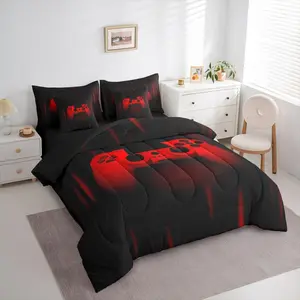 Feelyou Queen Size 7-Piece Gamer Bedding Set - All-Season Black and Red Gamepad Bed-in-a-Bag with Comforter, Sheets, Pillowcases, Cushion Cover, Super Soft Textile Linens (Comforter Queen Size)