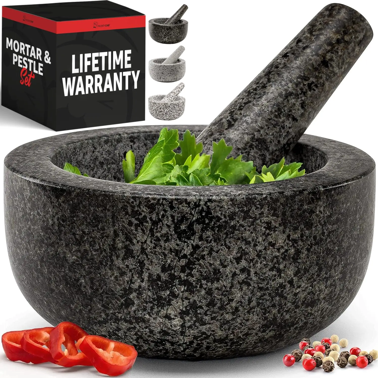 Priority Chef Heavy Duty Large 1.5 Cup Mortar and Pestle Set, 100% Natural Granite, 4.72 Inch Diameter Bowl, 6.2 Inch Pestle, Non-Slip Base, Stone Grinder for Guacamole Salsa Pesto Herbs Spices, Black
