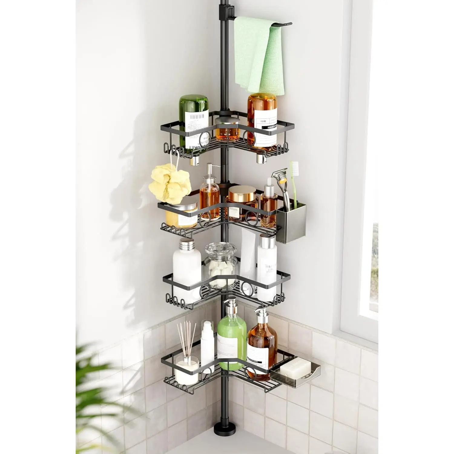 4-Tier Rustproof Corner Shower Caddy Tension Pole - Adjustable 30-121 in Bathroom Shower Organizer with Soap Holder, Hooks, Renter-Friendly Family Storage Rack (Black, White, Silver)