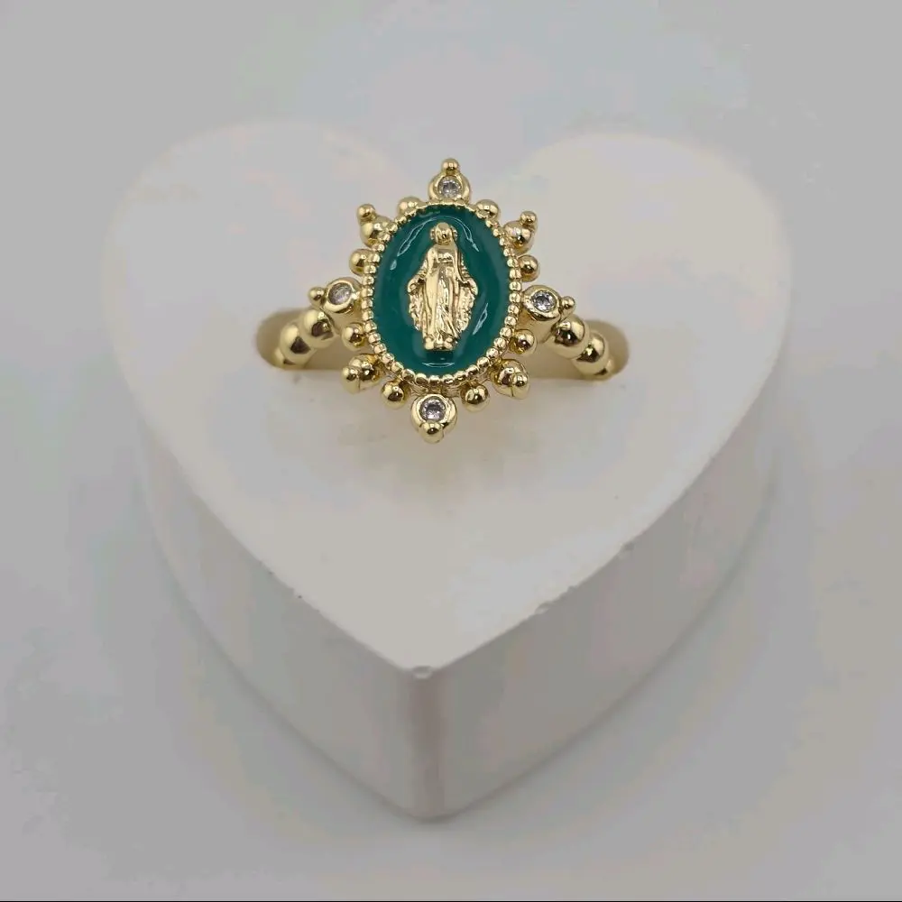 14K Gold Plated Our Lady of Guadalupe Green Enamel Ring