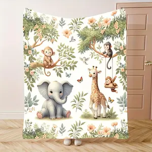 Animal Safari Flannel Blanket Playful Elephant Giraffe Print Ultra Soft Throw For Spring Home Use And Outdoor Adventures All Season Comfort Machine Washable Durable Quality