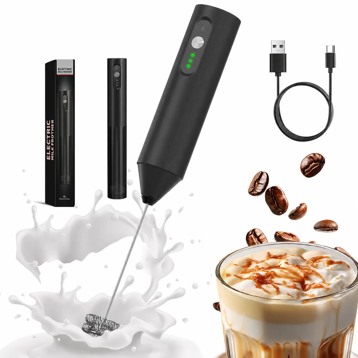 Rechargeable Milk Frother, 3-Speed Handheld Coffee Frother with USB-C Charging, Storage Stand and Cover for Lattes and Cappuccinos