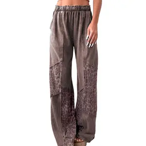 Znacicc Casual Chic Patchwork Pants Women's High-Waist Leopard Print Lounge Trousers with Mineral Wash Effect Loose Fit for Daily Wear
