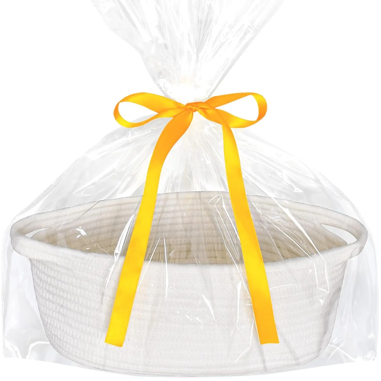 Small Basket with Gift Bags and Ribbons, Empty Gift Baskets, Decorative Boho Rope Woven Nursery Storage Organizer Toy Baskets with Handle for Baby Showers, 12"X 8" X 5", White