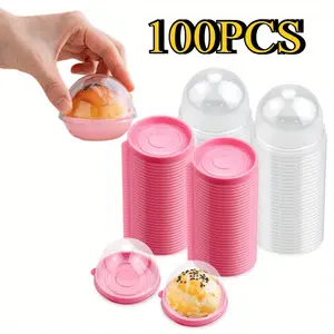 100 Set 2.75x2.75x2 inch Clear Plastic Mini Cupcake Boxes Muffin Pod Dome Muffin Single Container Box Wedding Birthday Gifts Supplies for Cheese Pastry Dessert Mooncake (round, pink)
