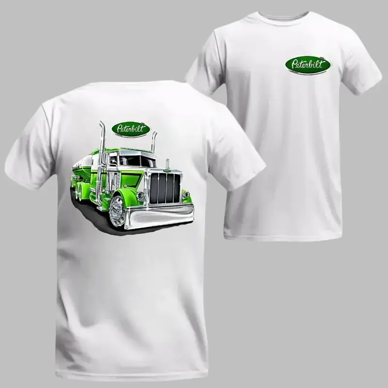 Peterbilt Big Rig T-Shirt Custom Green Chrome Semi Truck Graphic Tee Classic Trucker Style Shirt 2-Sided Logo Apparel Gift for Diesel Lovers Drivers Y2K Vibe Comfortable Unisex Tee - Casual, Man#Clothing#Streetwear