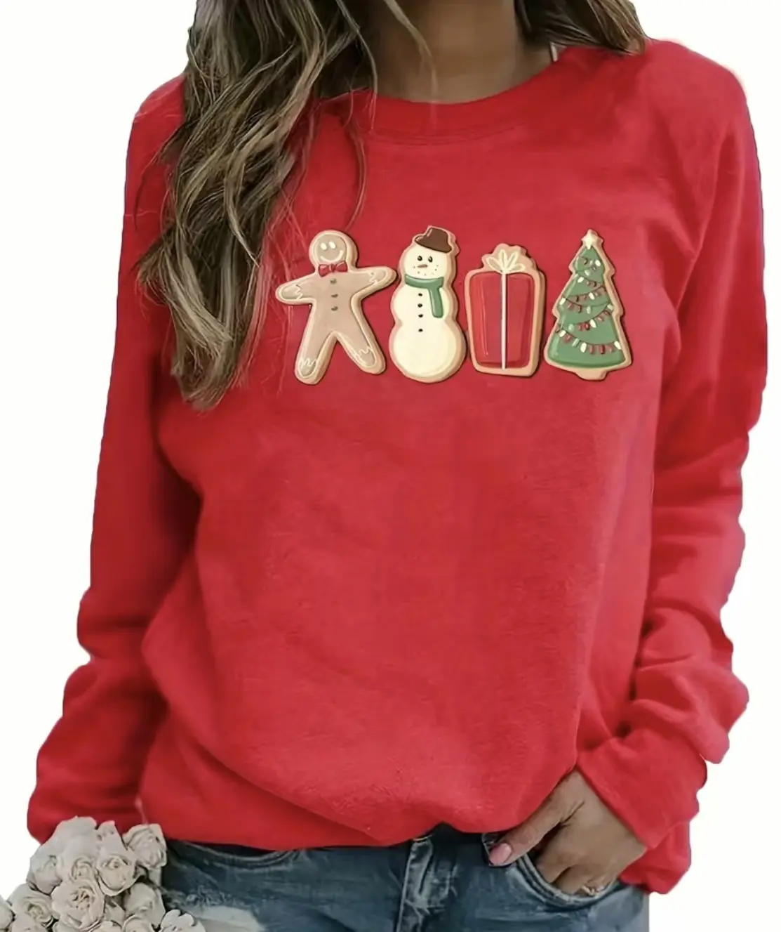 Holiday Christmas Red Gingerbread Man Snow Man CrewNeck/ Sweater