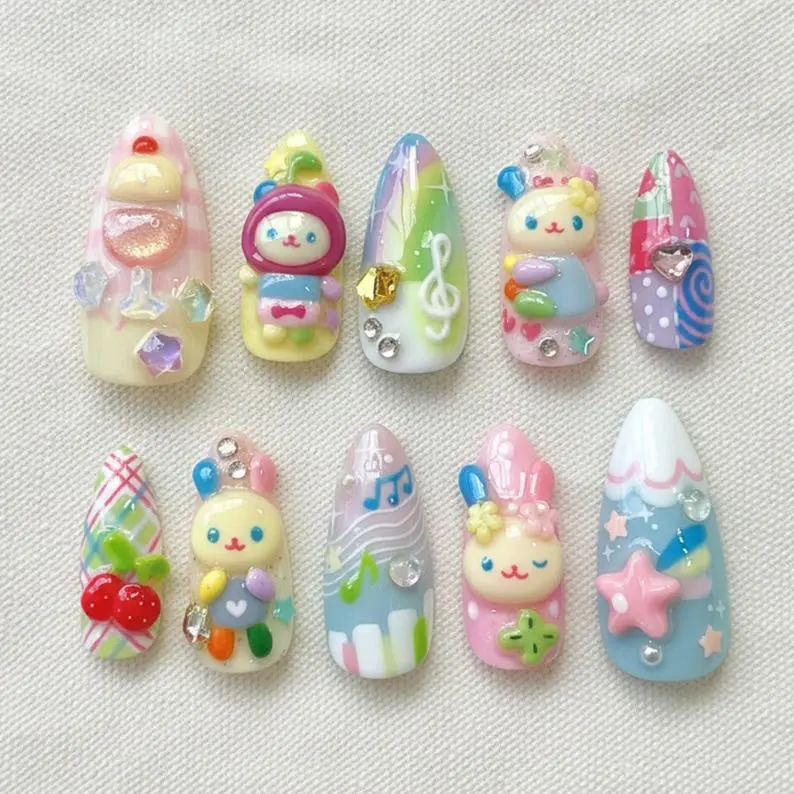 J3 Nailed by Vibe -Kawaii Pastel Press On Nails with Cute Cartoon Charms, Music Notes & Candy Colors, 3D Handmade Nail Art, Glossy Finish, Whimsical Style Nails, Reusable Set, Gift for Her