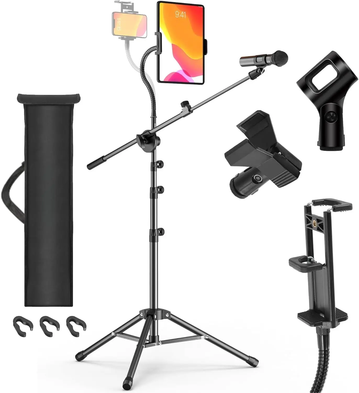 Heavy Duty Foldable Microphone Stand with Adjustable Tripod Boom Arm, 2 Mic Clips, iPad Phone Holder & Portable Carrying Bag; for Singing, Karaoke, Podcast, Stage; Steel Construction, Detachable Design