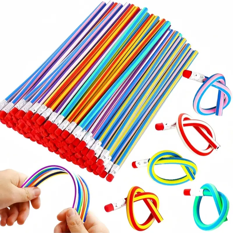 Flexible Soft Pencils Set, Colorful Striped Rubber Pencils with Eraser, Magic Bendable Pencils for Kids School Supplies Gift, Stationery, Coloring Supplies, Writing Tools
