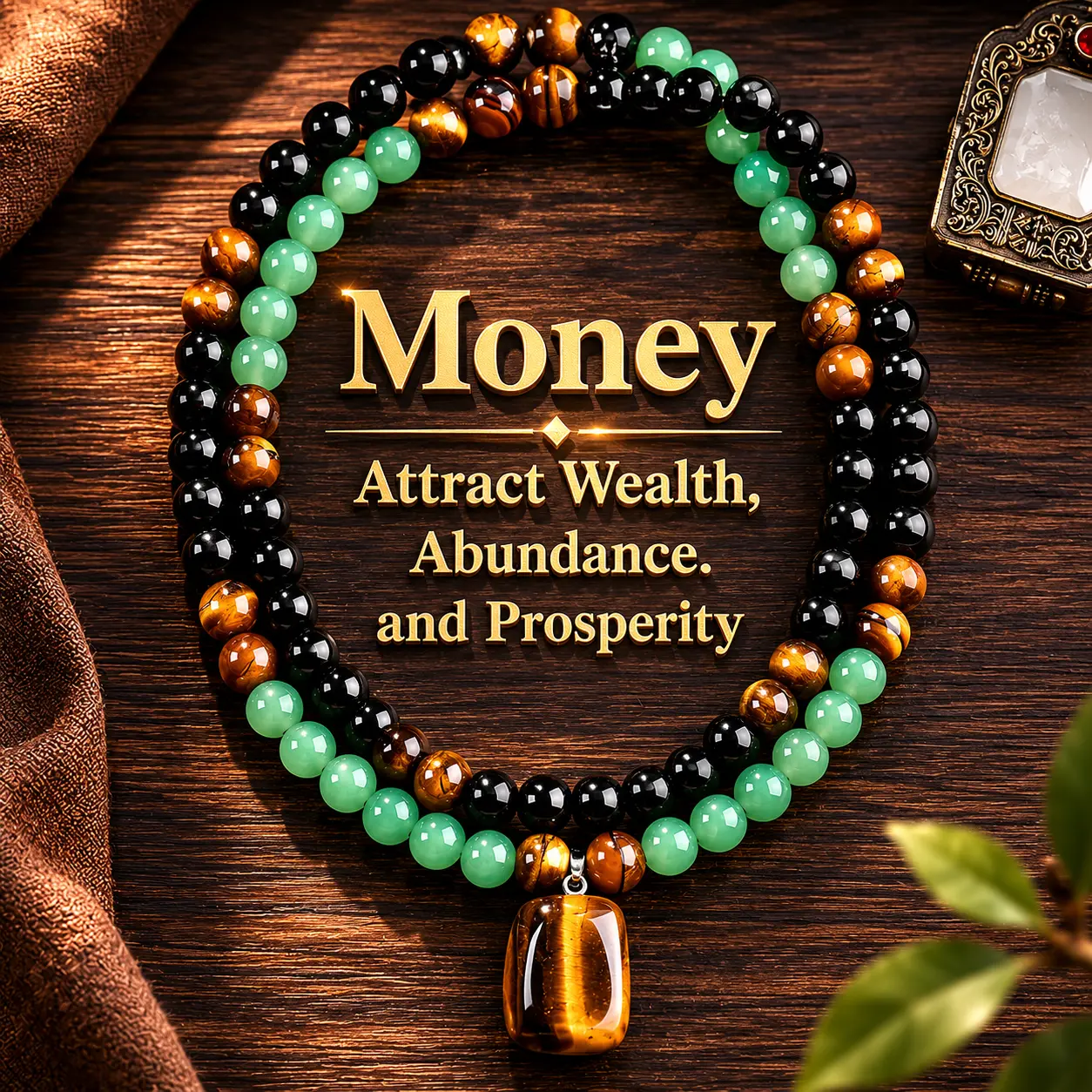 Women's 2-Piece Crystal Necklace & Earring Set - Green Aventurine, Tiger Eye Energy Stone Beaded Chain, Feng Shui Meaning Natural Stones, Spiritual Costume Jewelry for Wealth, Gifting, Crystal Necklaces, Meaningful Gifts, Necklace + Earrings