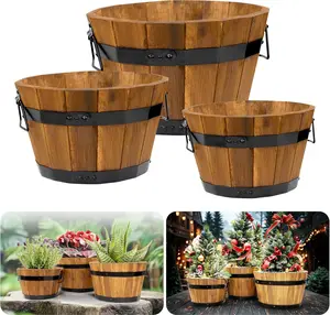 Set of 3 Wooden Flower Boxes Outdoor, Durable Acacia Wood Barrel Planters for Outdoor Plants with Ergonomic Handles, Drainage Holes, Multiple Sizes Wood Bucket Planter Light Brown