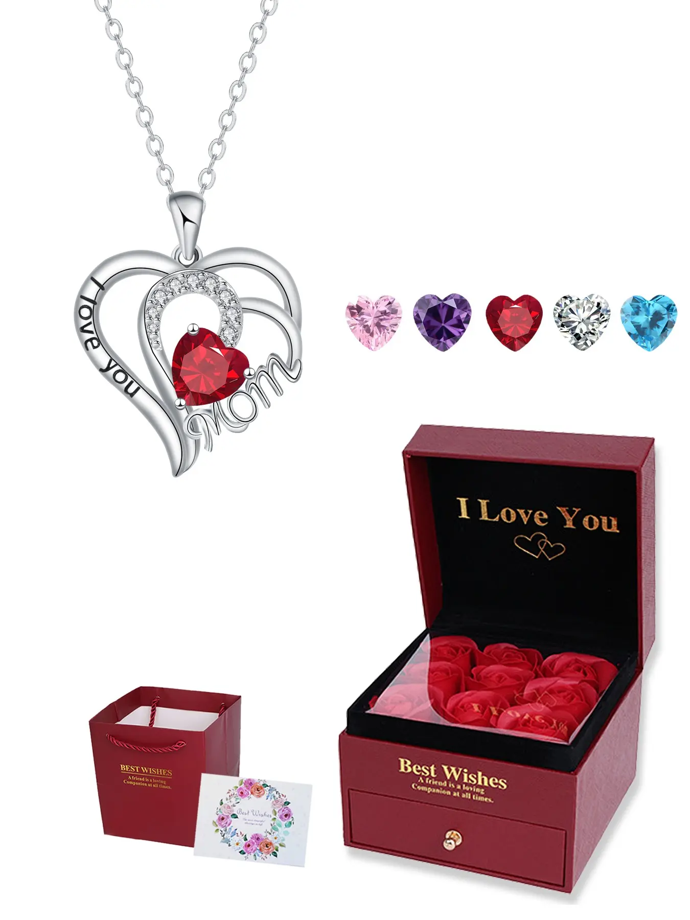 Mom Necklace Engraved I Love You Mom, Diamond Heart Pendant, Perfect Mother's Day and Birthday Gift with Box, Elegant Copper Jewelry, Heart Design Necklace, Jewelry Gifts