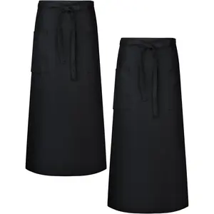 Xtinmee 2 Packs Long Bistro Server Aprons with Two Pockets Black Waterproof Full Length Waist Waiter Aprons with Extra Long Waist Ties for Bistro Servers Waitress Chef Front House Staff