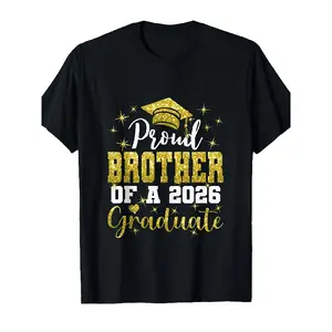 2026 Graduate Brother T-Shirt - Proud Brother of a 2026 Graduate Golden Glitter Print with Graduation & Stars - Casual Short Sleeve Round Neck Shirt for Celebration Gift (Black) - Class of 2026 G Patterned Comfortable Round Neck  Graphic Graphic Tees