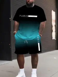 Men's Plus Size Casual Sportswear Set, Short Sleeve T-Shirt & Shorts 2-Piece, Sporty Round Neck, Breathable Loose Fit Quick-Dry Summer Fitness Outdoor Clothing, Workout Gym Clothing, Athletic Fashion Activewear