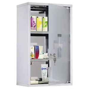 Locking Wall Mounted Cabinet with 3 Glass Shelves | Secure Storage with 2 Keys, Stainless Steel Frame & Glass Door | Silver Display Case for Bathroom, Kitchen, Garage