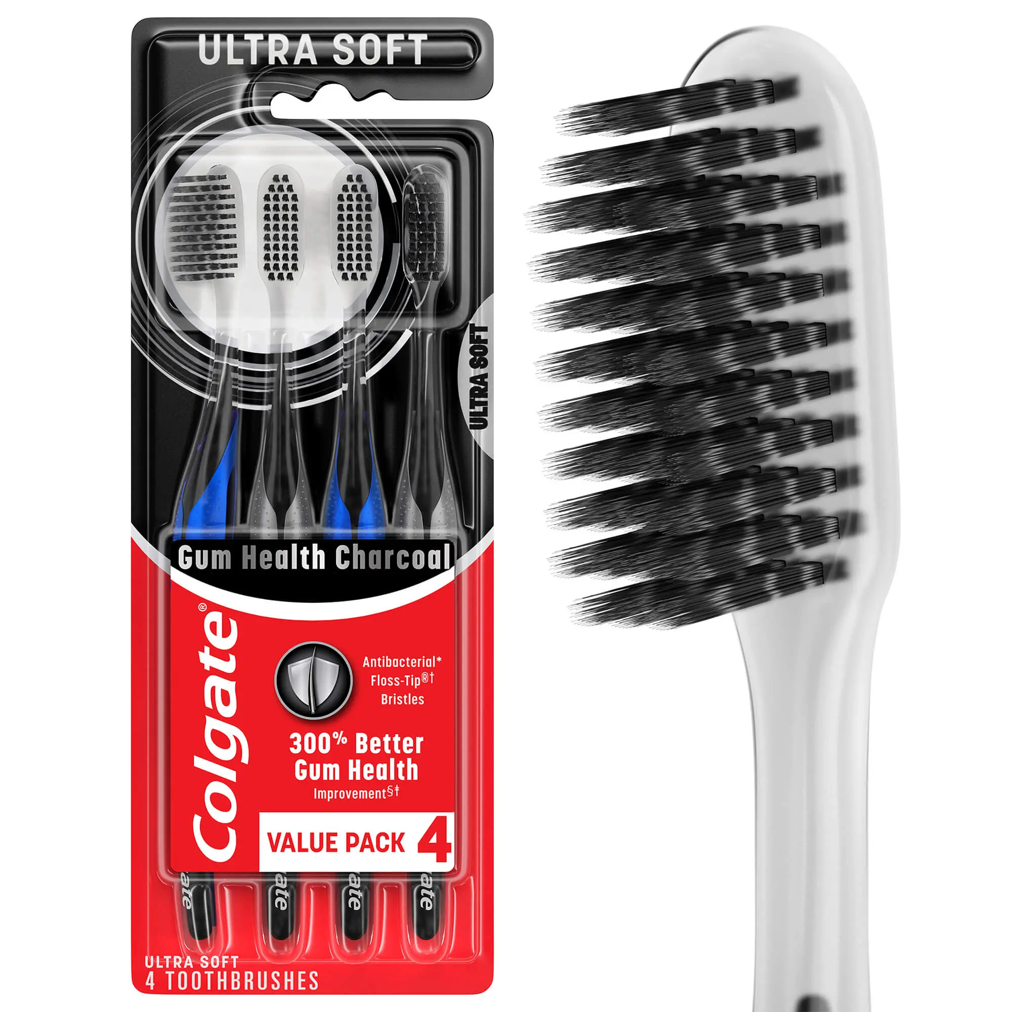 Colgate Gum Health Charcoal Adult Manual Toothbrush, Ultra Soft, 4 Pack